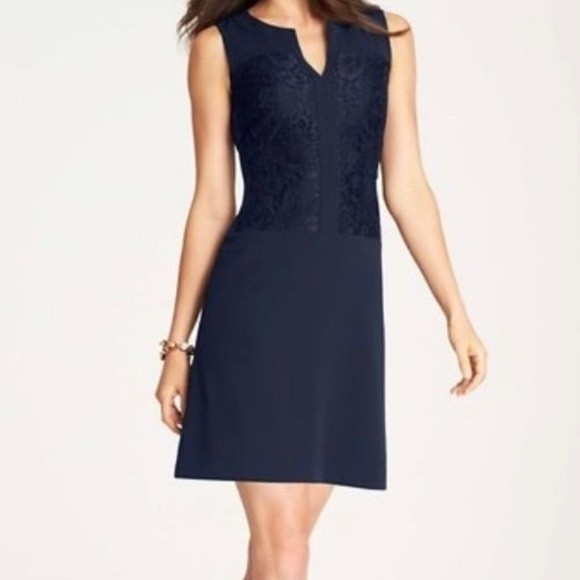 Ann Taylor Dresses & Skirts - Ann Taylor Sleeveless Sheath Dress Sz 8 Navy Lace Inset Bodice Splice Neckline